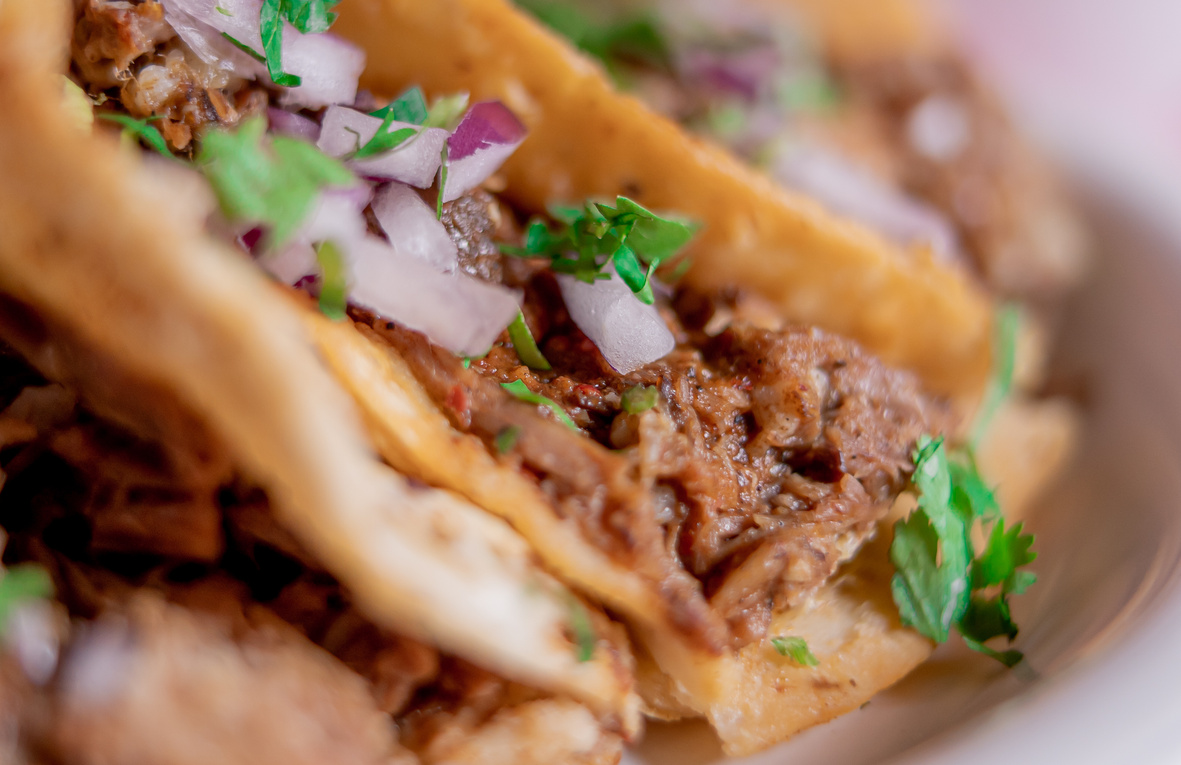 Exquisite birria tacos with coriander and onion on top in close up concept.